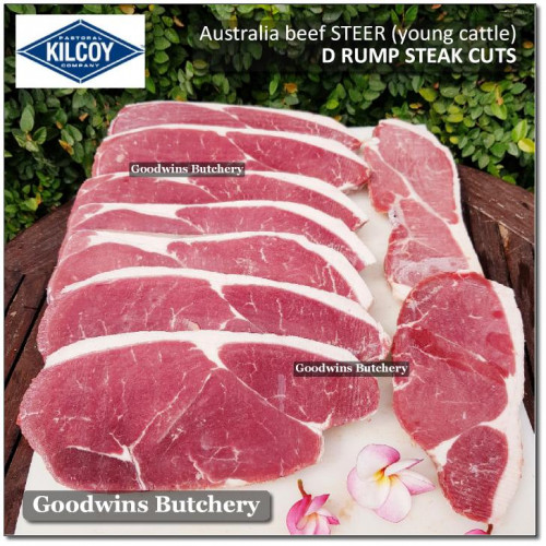 Beef D Rump frozen Australia A budget/eco KILCOY steak cuts 3/4" 2cm weight vary 200-600 g/pc (price/600g 1-2pcs)